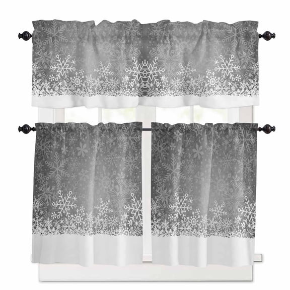 Grey Snowflakes Kitchen Curtains and Valances Set, Winter Xmas Gray White Nature Snow Scene Rod Pocket Window Valance Window Curtain Panels for Living Room Bedroom Laundry, 27.5x24in, 3 Pieces