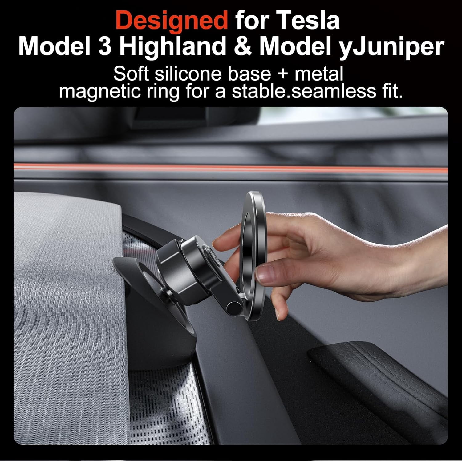 MJMJ Magnetic Phone Mount Compatible with 2025-2026 Model Y Juniper and 2024-2026 Tesla Model 3 Highland, Dashboard Ball Joint Base, Strong Magnetic Ring, 360° Rotation