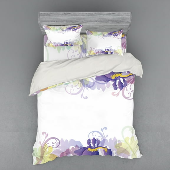 Ambesonne Garden Bedding Set 4 Pcs, Classic Petals Pastel, Queen, Purple Pale Green
