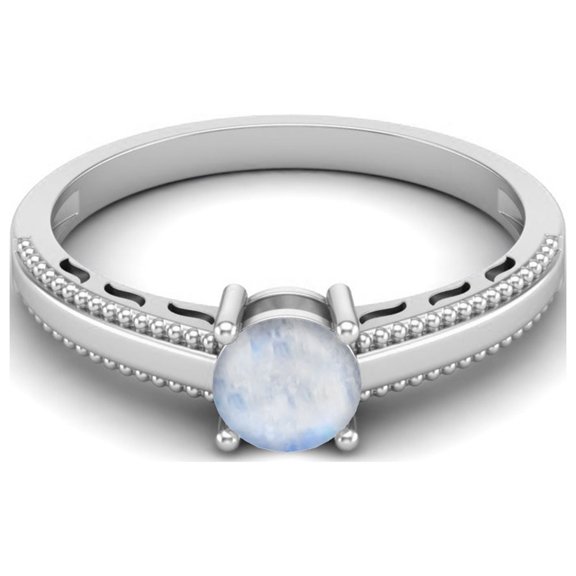 925 Sterling Silver 0.50 Cts Round Moonstone Solitaire Beaded Shank Anniversary Women Valentines Day Gifts Ring