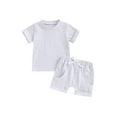 thumbnail image 2 of Musuos Toddler Boys Summer Outfits 6 12 18 24M 3Y Solid Color Rolled Hem Short Sleeve T-Shirts Elastic Waist Shorts 2Pcs Clothes Set, 2 of 9