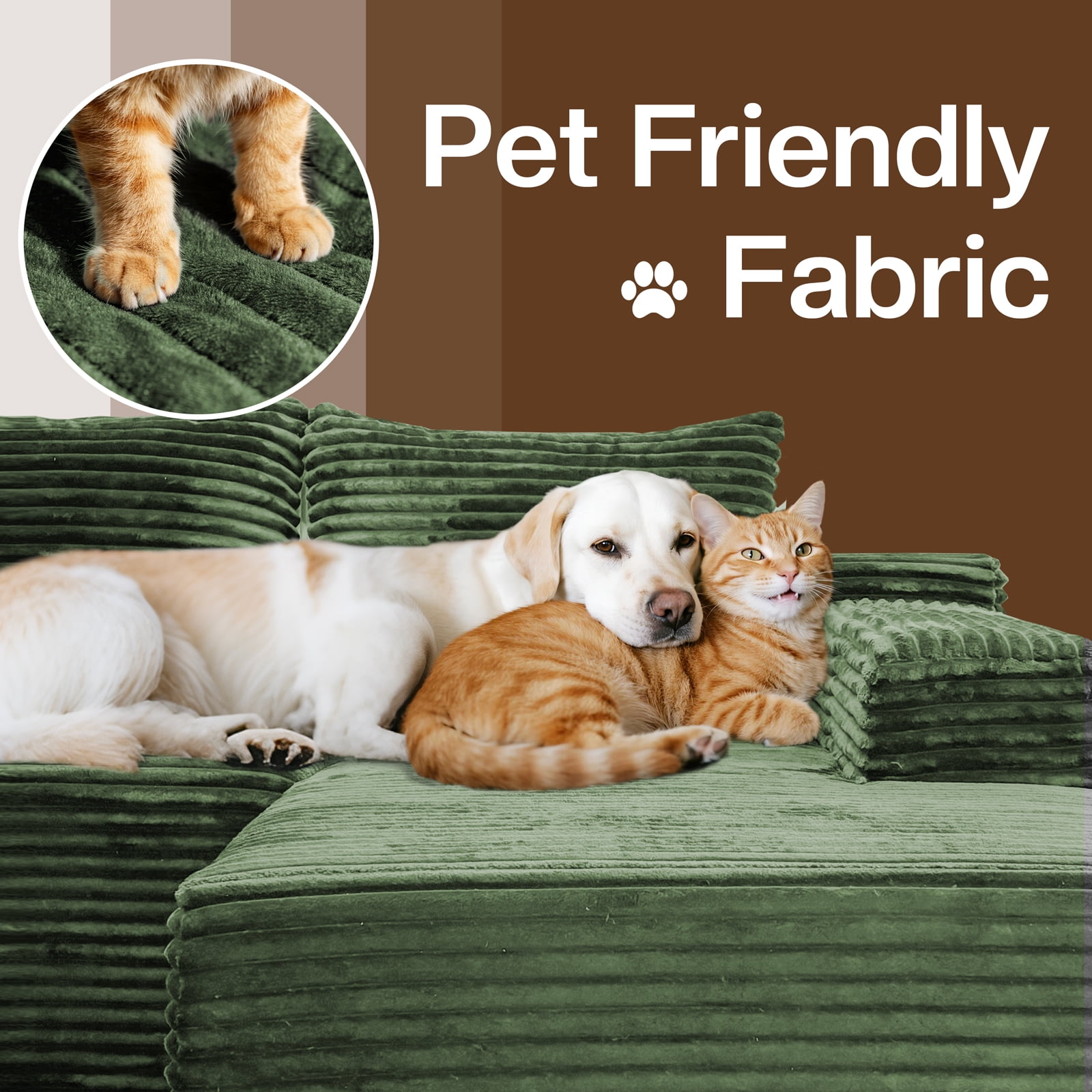 Kelyda 105" Modular L-Shaped Cloud Sofa, Plush Boneless Sectional with Deep Seats Chaise Corduroy Fabric Green