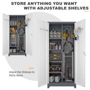 72.8H Broom Closet Cabinet, Locking Storage Cabinet,Garage Storage Cabinet with Doors and Shelves,Tall Broom Tool Organizer,Cleaning Tool Cabinet with Hooks for Utility Room