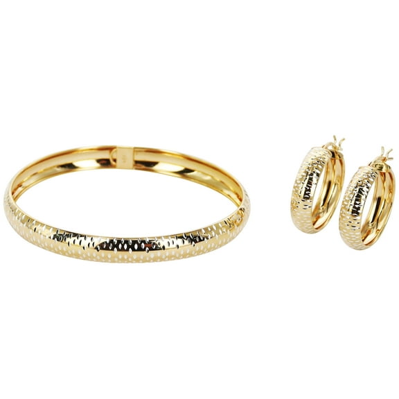 Brilliance Fine Jewelry Women's Sterling Silver 14K Gold Plated Diamond Cut Flex Bangle Earring Set for Adults