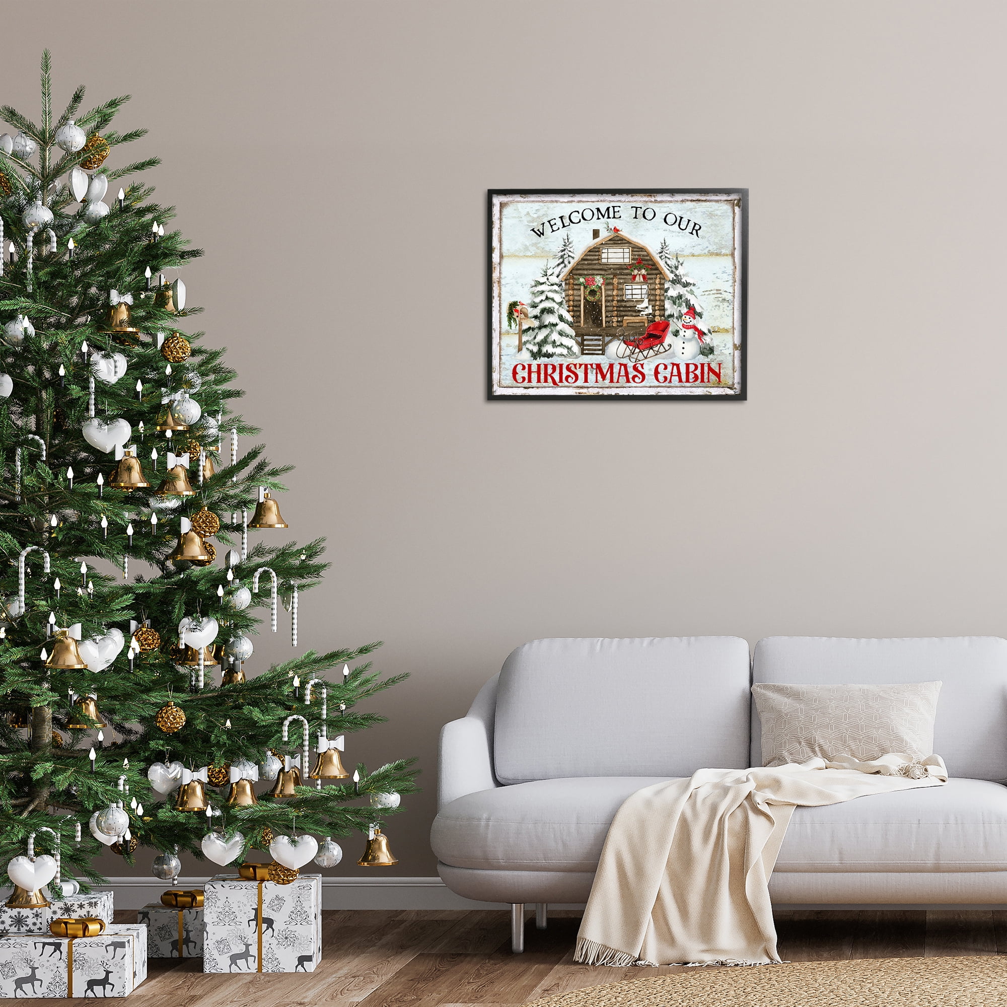 Stupell Industries Welcome Christmas Cabin Holiday Painting Black Framed Art Prints Wall Art, 30 x 24