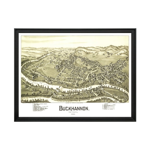 Buckhannon Art, 1900 Vintage Map of Buckhannon West Virginia, WV History Wall Decor Gift, Old Buckhannon Map - 24" x 18" Black Framed Print