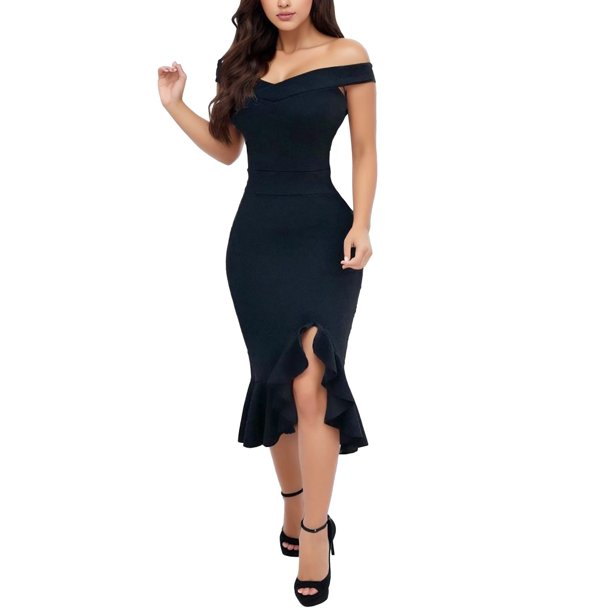 Vestido informal de invierno para mujer con hombros descubiertos, bajo con abertura, volantes, manga larga y cuello en V.