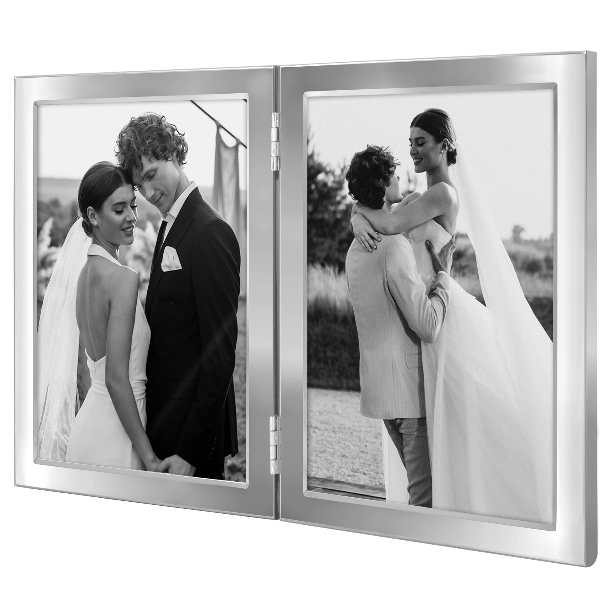 Americanflat 5x7 Hinge Frame with Shatter-Resistant Glass Hinged Metal Wide Beveled Molding Modern - Silver