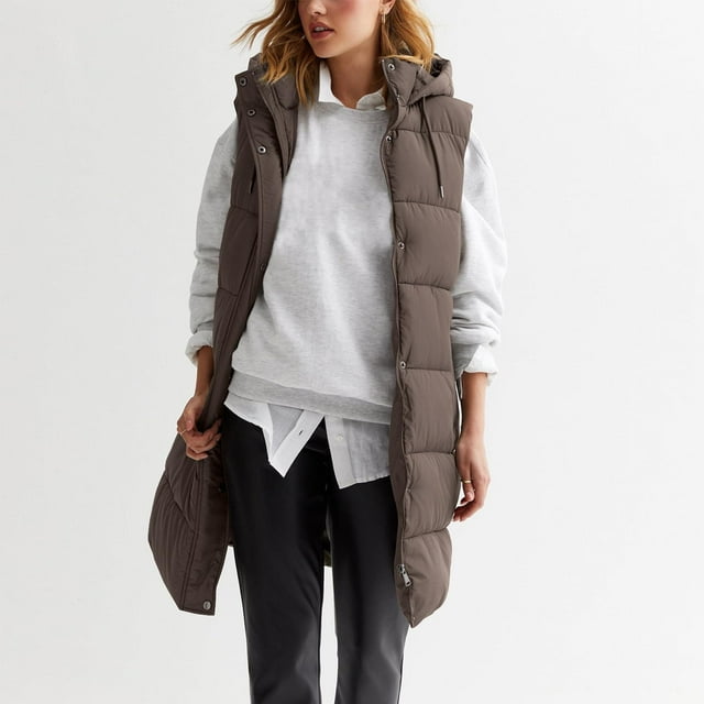 IMENGL Long puffer vest oversized quilted vest, Brown TG, Size M-2TG