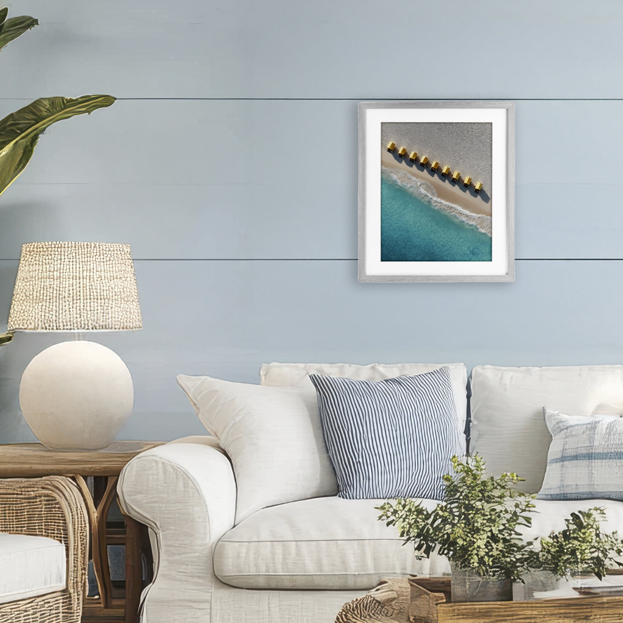 Stupell Industries Yellow Cabanas Along Shore Gray Framed Print Under Glass, design by Franklyn Gregory