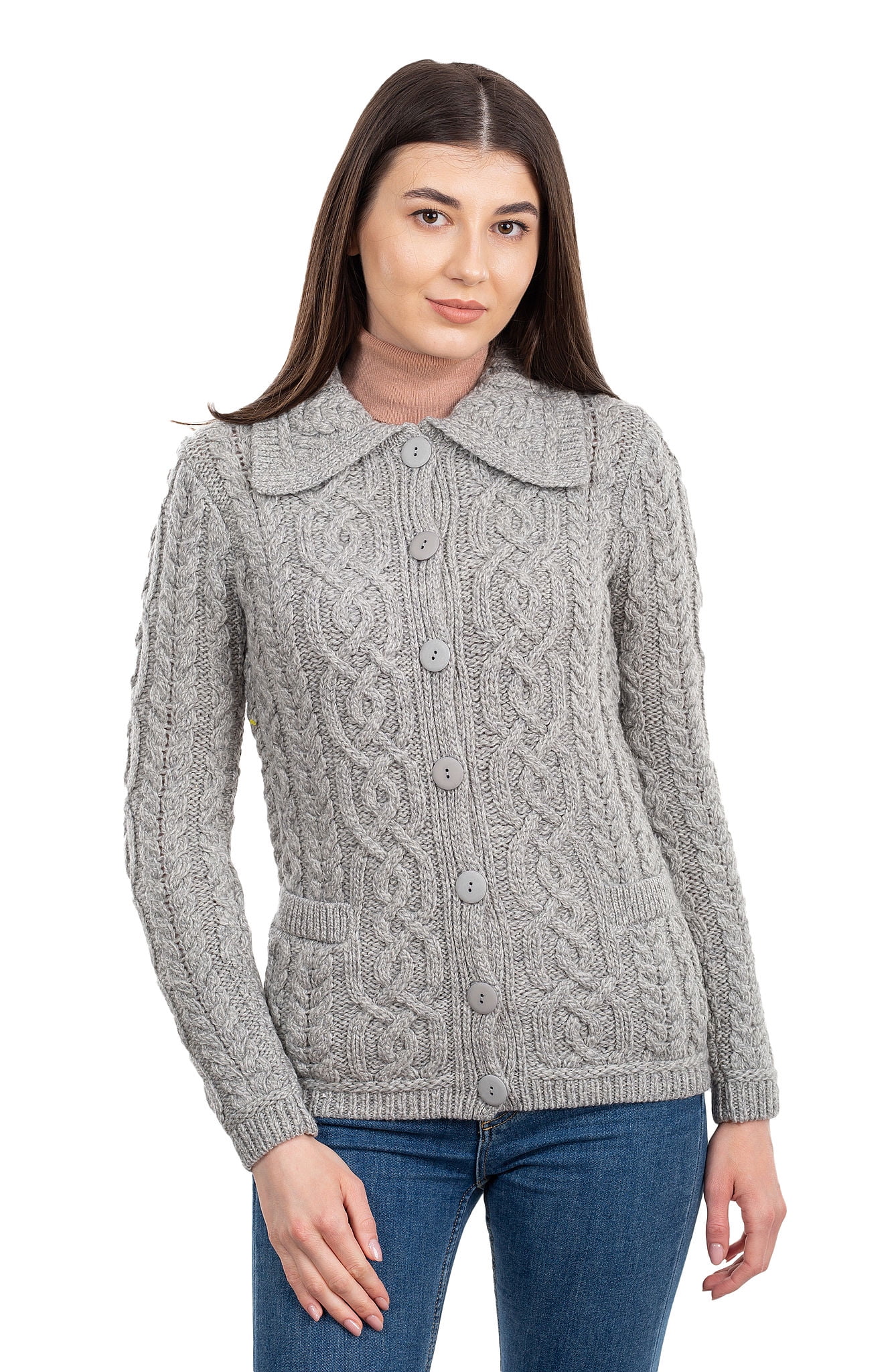 SAOL Irish Cardigan Sweater for Women 100 Merino Wool Aran Knit