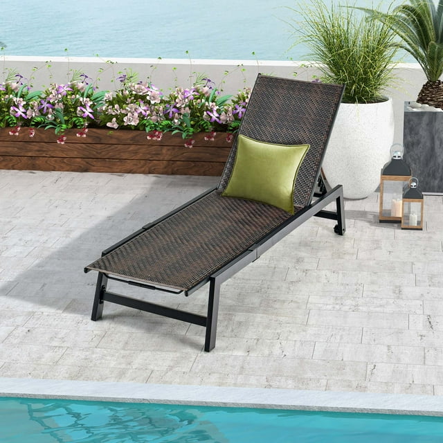Costway Chaise Longue de Patio en Acier Galvanisé 1 Pce avec Roues, Fauteuil Inclinable d'Extérieur en Rotin PE
