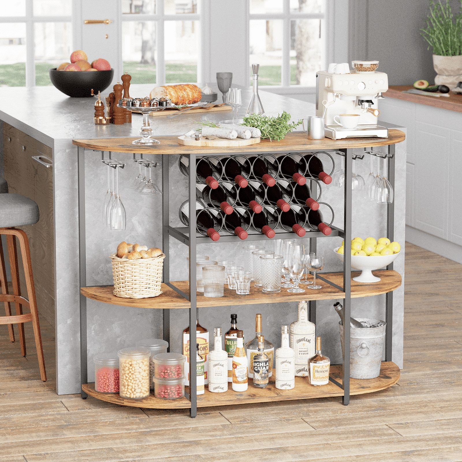 Homall Wine Bar Cabinet with RGB LED Lights Outlet, Bar Table Home Mini Bar Coffee Bar with Power Strip , Kitchen &Room Wine Rack with Mobile App Control, Brown