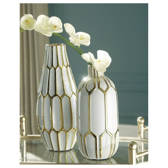 Signature Design by Ashley Mohsen Vase Set, White and Gold Ceramic Decorative Indoor Outdoor Vases, Honeycomb Pattern (Set of 2)