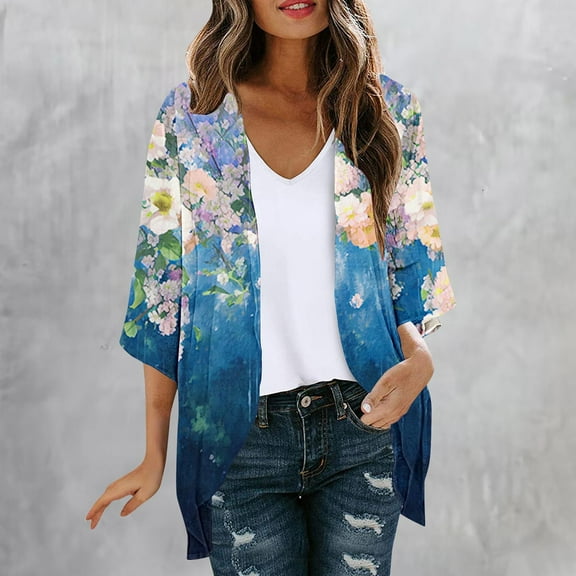 Womens Plus Size Floral Print Puff Sleeve Kimono Cardigan Loose Chiffon Cover Up Casual Tops Clothes