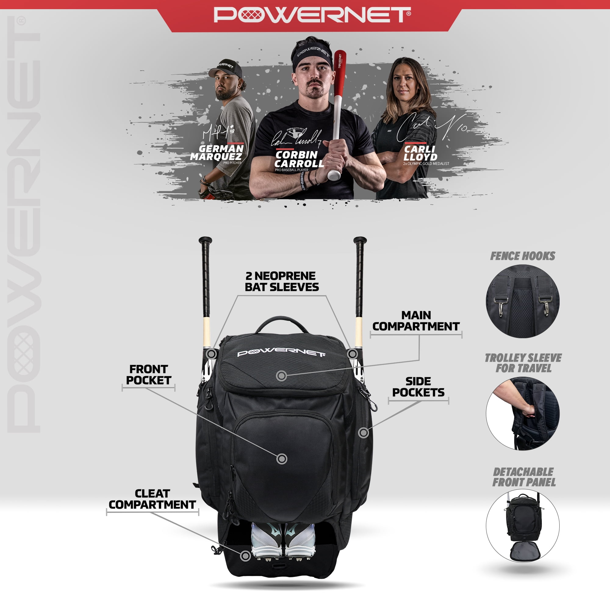 PowerNet Surge Softball Baseball Bag, Dual Bat & Gear Travel Backpack, Baseball Equipment Bat Bag, Baseball Softball Backpack with Dugout Fence Hooks & Cleat Pocket (6 Backpacks)