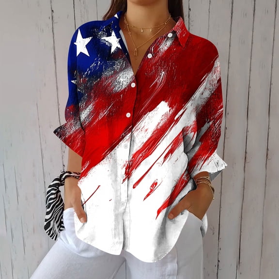 Qulqfy Womens Shirts Long Sleeve Red Linen Patriotic Button Down Shirts Work with Collar Summer Tops for Women L