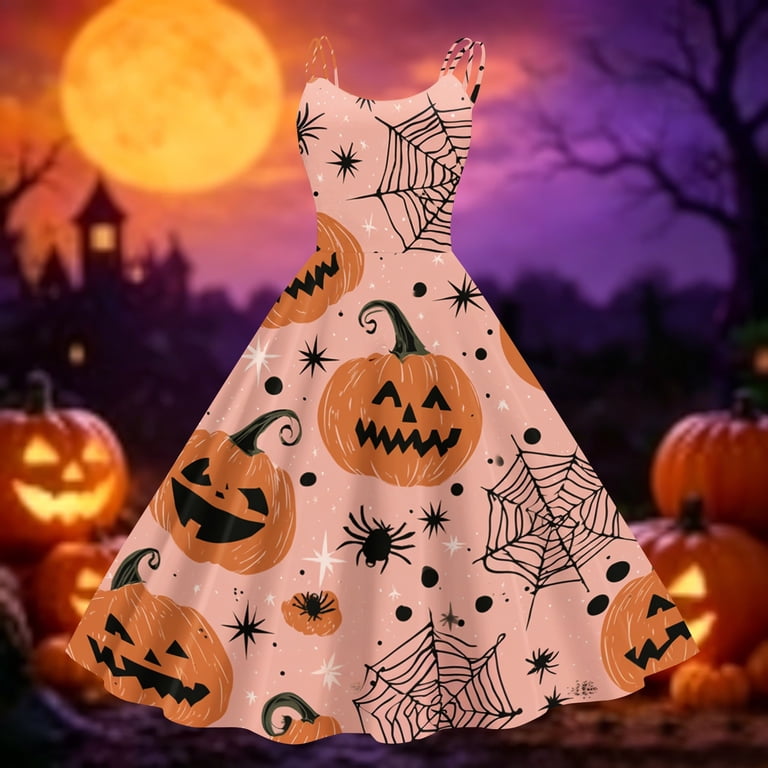 Fgvctg Halloween Tea Party Dresses for Women Graduation Cocktail Dress 1950s Pumpkin Ghost Witch Print Crewneck Dresses Lightweight Spaghetti Strap Sleeveless Clothes Funny Outfit Earthy Yellow M
