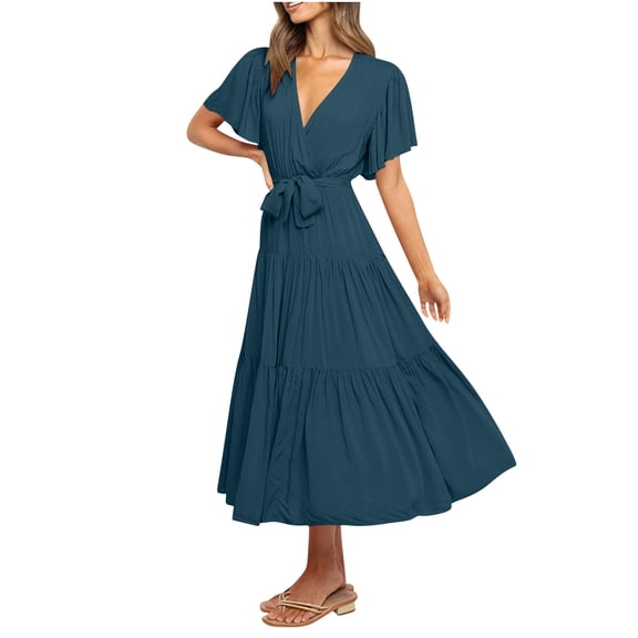 Admvng Women's V-Neck Dress Tiered Short Sleeve Casual Elegant Dress