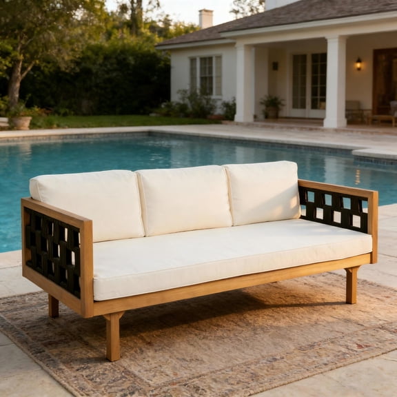 Christopher Knight Home 67.5" Outdoor Daybed, 3-Seater Sofa with Black Flat Rope, Teak Finish, Beige Cushions