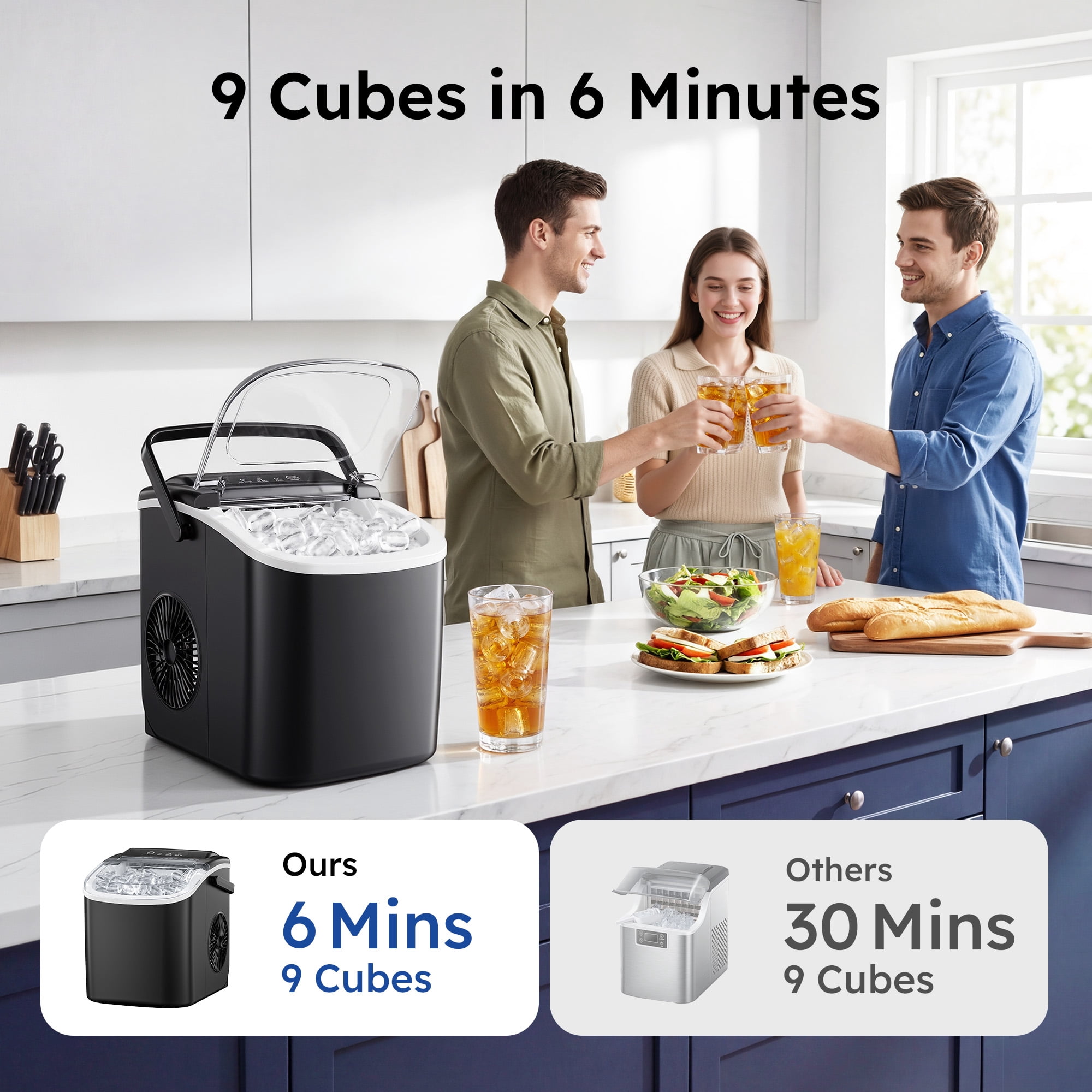 Simzlife 26 lbs/24H Countertop Ice Maker Machine, 9 Bullet-Shaped Ice in 6 Min, Auto-Cleaning Portable Ice Maker for Kitchen, Home, Office, RV, Black