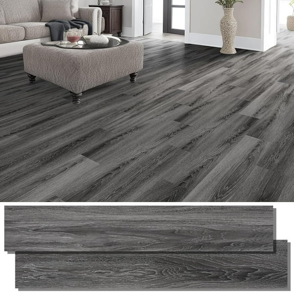Peel and Stick Floor Tile Vinyl Flooring, Waterproof Vinyl Plank Flooring 36-Pack 54 Sq.Ft Wood Grain Self Adhesive Peel and Stick Flooring for Bedroom, Living Room, Kitchen, RV(Deep Gray)