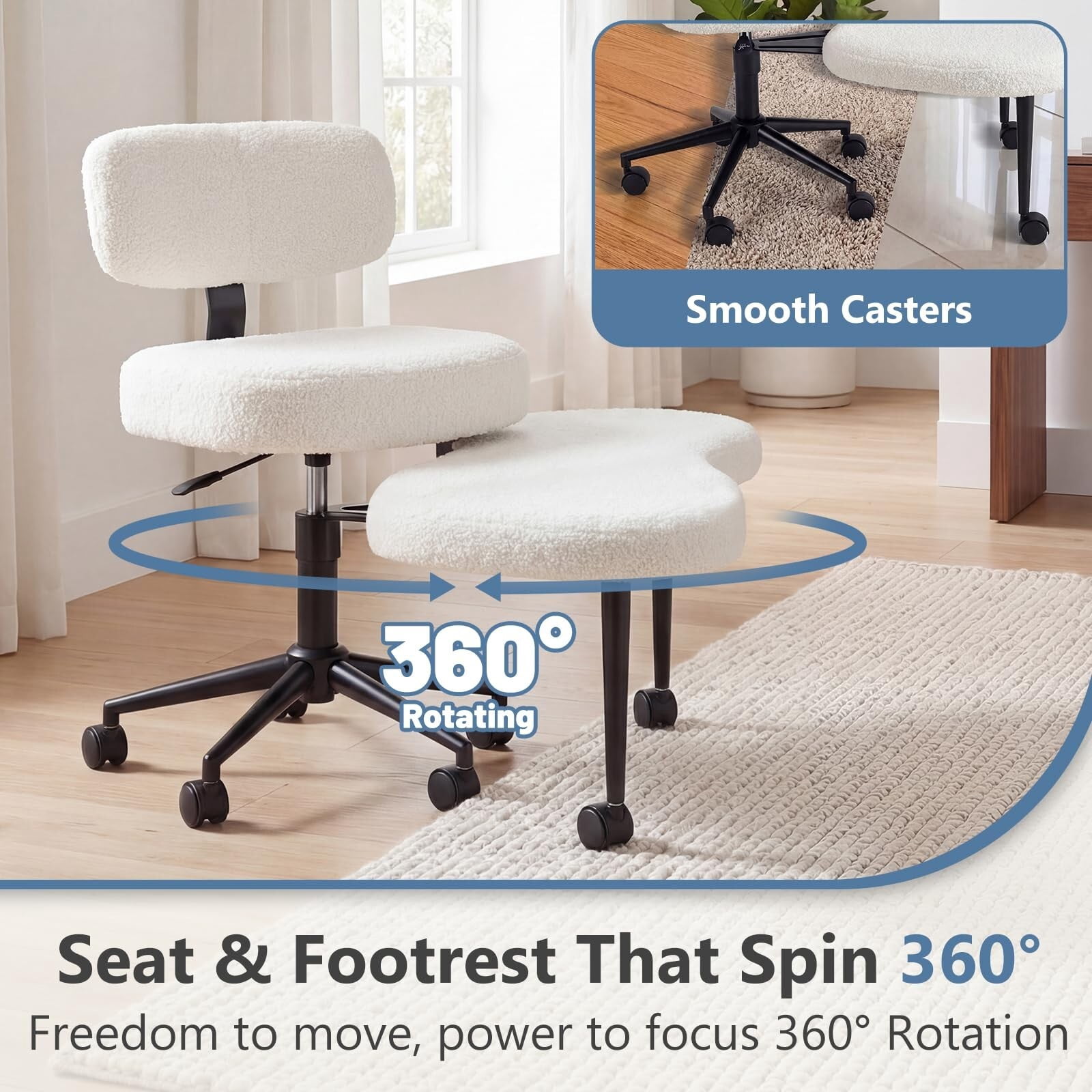 Kelno Cross Legged Meditation Chair with 360° Swivel Footrest Adjustable Backrest Ergonomic Teddy Fleece Office Chair, White