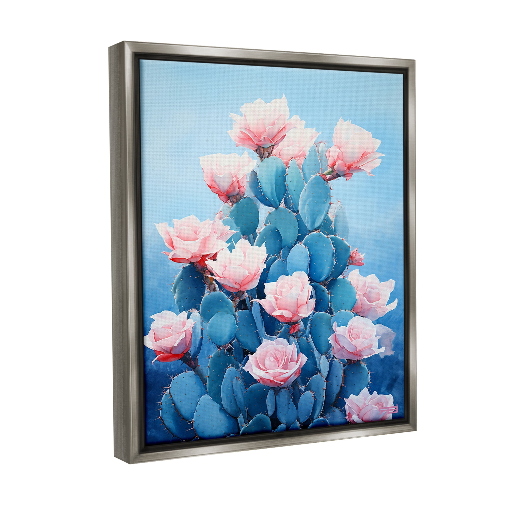 Stupell Industries Cactus & Rose Blossoms Botanical & Floral Painting Gray Floater Framed Canvas Art Print Wall Art, 17 x 21