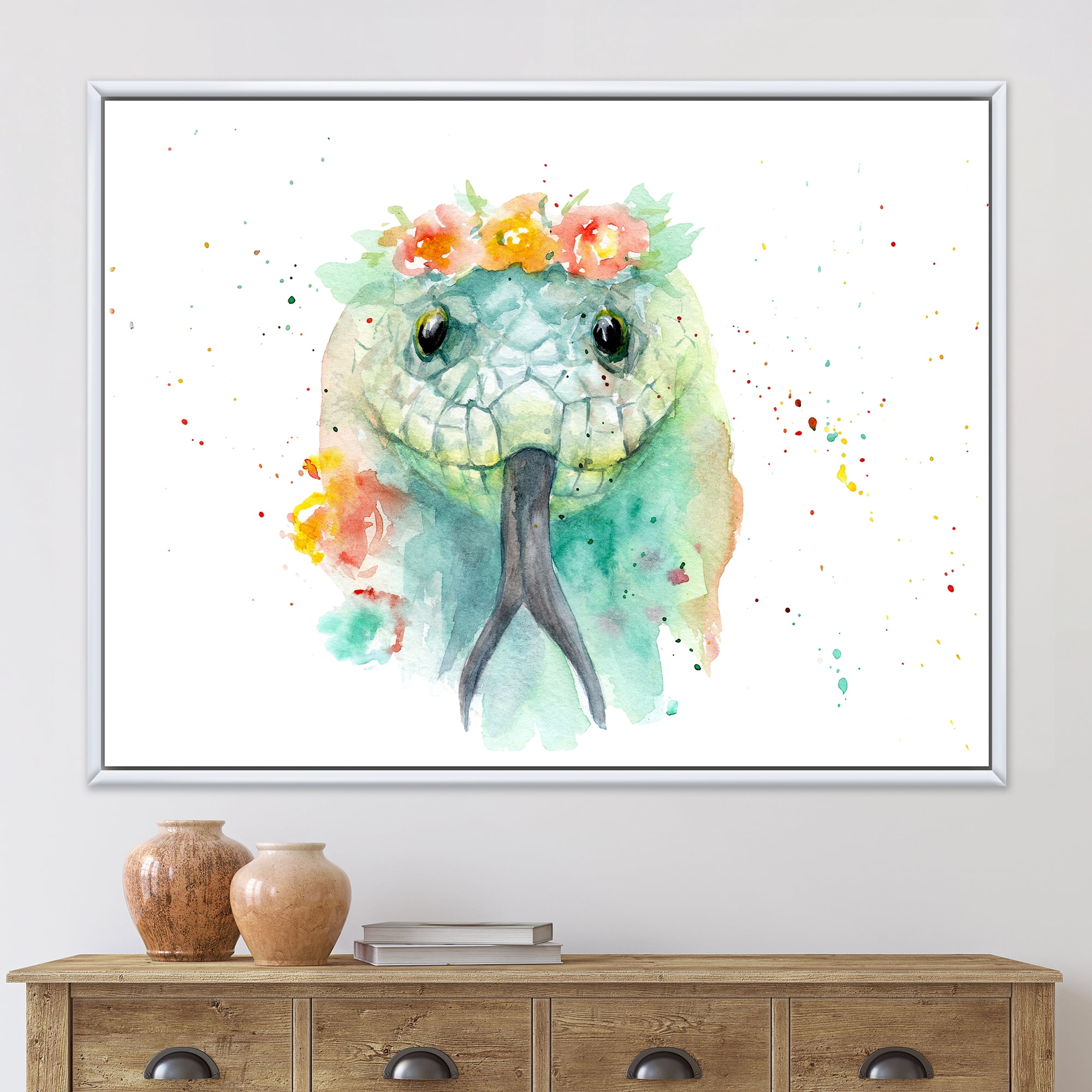 Designart 'Portrait A Green Snake In Flowers' Farmhouse Framed Canvas Wall Art Print