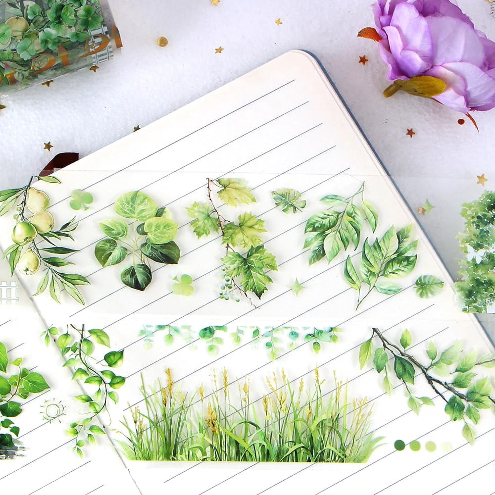 2m/Roll Floral Washi Tape Green Botanical Plant Washi Tape Stickers for Journaling Transparent Flower Washi Tapes PET Tape Washy Tape Decorative Masking Tape Decorative Tape for Crafts Scrapbooking