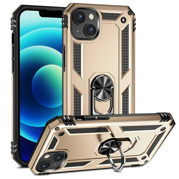For iPhone 15 Case ,Heavy Duty Shockproof Body Phone Cover Built in Metal Rotated Magnetic Ring Holder Kickstand,Dustproof,Anti-Scratch,Dual Layer Military-Grade Drop protection,Gold