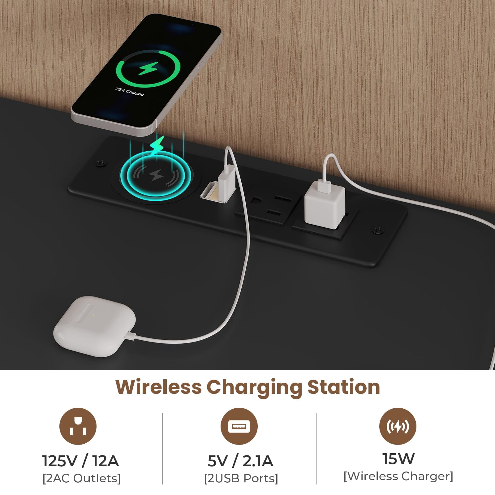 Black Nightstand Set of 2, Nightstand with LED Light and Wireless Charging Station, Night Stand with Drawers & Pull-Out Shelf, Modern Bedside Table with Storage, End Table Side Table