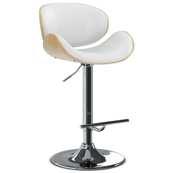 Simpli Home Marana Bentwood Adjustable Swivel Bar Stool In White Vegan Faux Leather