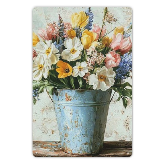 Daffodil Floral Bouquet Farmhouse Metal Tin Sign Spring Flowers Wall Decor Funny Decoration for Home Kitchen Bar Garage Vintage Retro Plaque Tin Signs 8x12 Inch