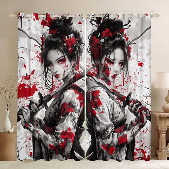 Feelyou Ancient Tokyo Geisha Black Out Curtains, Red Cherry Blossoms Curtains Pack of 2 (42x63 Each), Japanese Anime Style Bedroom Curtains, Blackout Curtains Room Decor