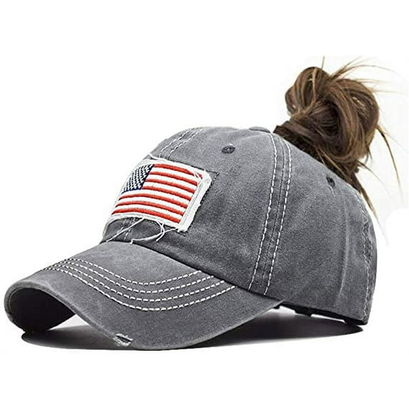 Distressed Ponytail Hat for Women American-Flag Pony Tail Caps High Bun