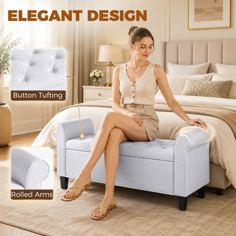 Alvantor Storage Bench with Tufted Seat & Rolled Arms for Bedroom 46.7"x18.5"x21.9" Light Gray