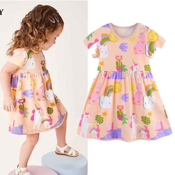 Girl's Summer Dresses Short Sleeve Cotton Midi Casual Sundress Girls Cartoon Jersey Printing Dresses 2-7 Years