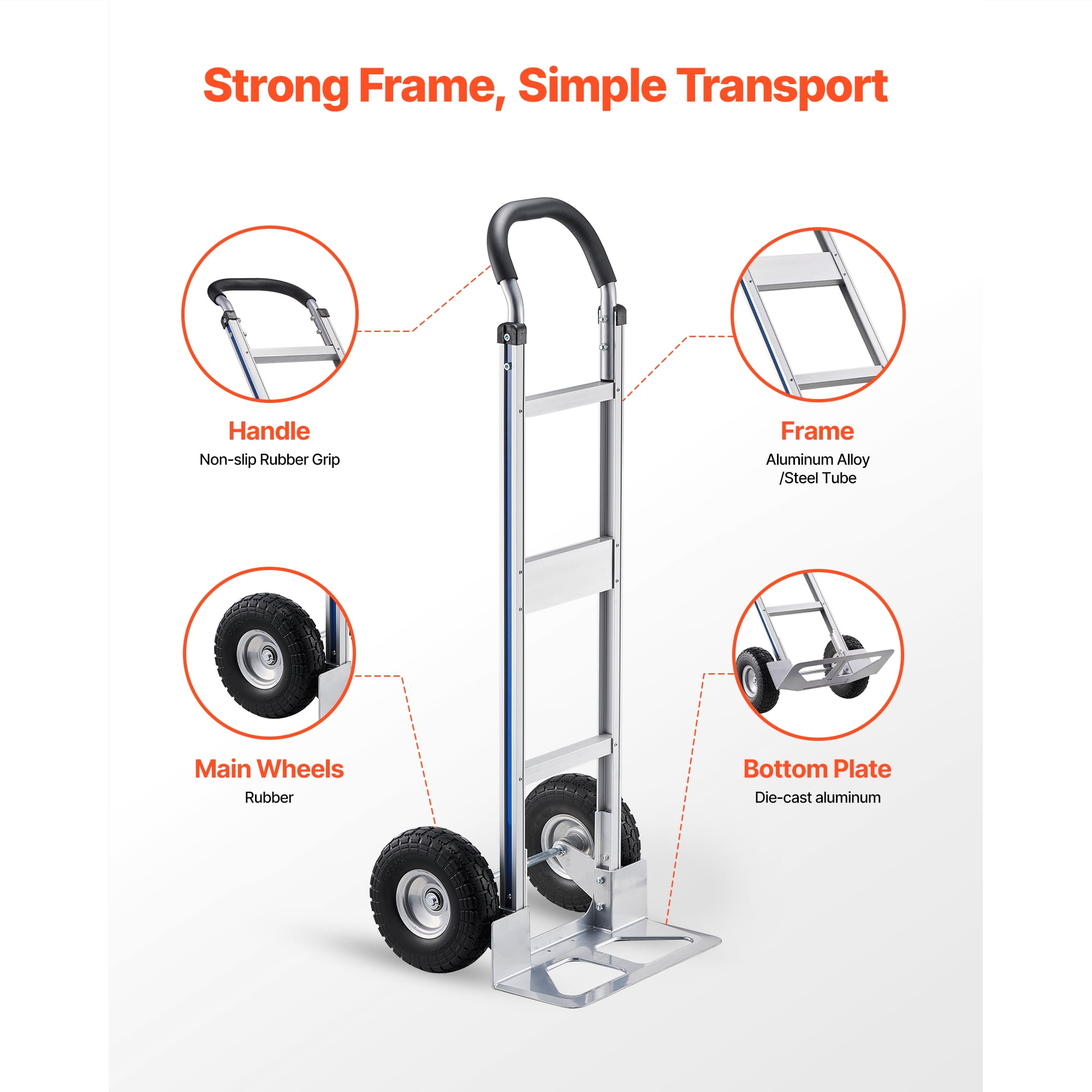 KFFKFF Heavy-Duty Hand Truck, 500 lbs Capacity, Durable Dolly with Non-Slip Wheels & Handle, Aluminum Alloy Portable Cart with Tie-Down Strap for Home, Office, and Warehouse Transport