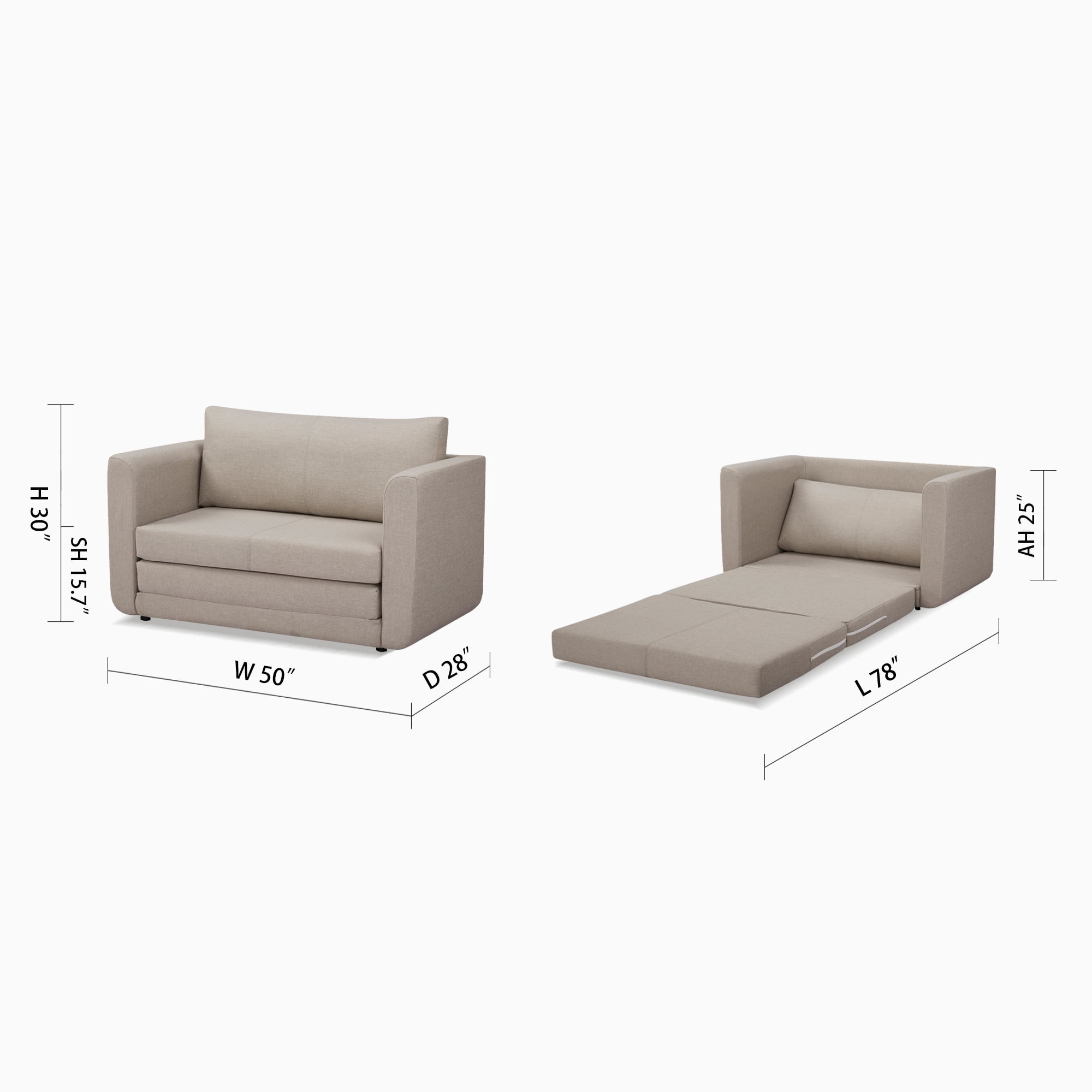 A&D Home Afton Faux Linen Loveseat, 2 Person Compact Sleeper Sofa Bed, Beige