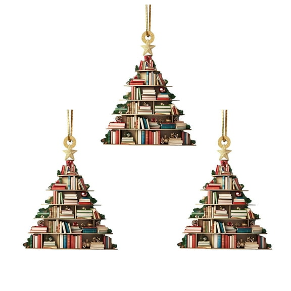 KCEHTA 3 Pcs Christmas Book Tree Ornaments, Book Lover Christmas Ornaments, Stacked Books Christmas Ornaments, Christmas Tree Shape Bookshelf Pendant, Christmas Tree Ornaments for Book Lovers