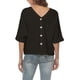 thumbnail image 2 of Camisas de lino para mujer, blusa con cuello en V y manga corta con botones en la parte delantera, color puro, versión suelta, negro L, 2 of 5