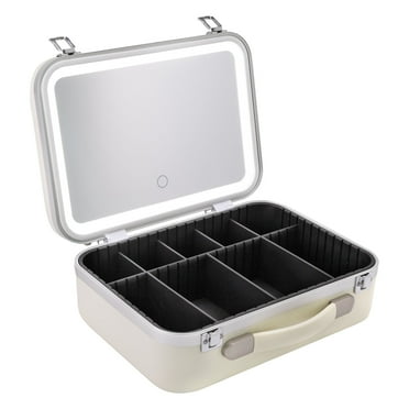 Makeup Train Case Orgarnizer with Rectangular Lights and Mirror, Travel Makeup Carrying Case Cosmetic Organizer White