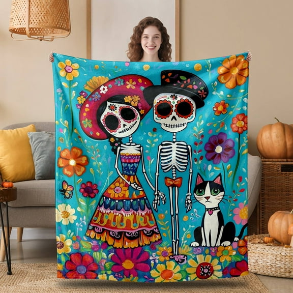 Day of The Dead Throw Blanket, Sugar Skull Fleece Blanket for Couch Bed Sofa, Mexican Skeleton Blankets and Throws, Decor & Gifts, Super Soft Plush Flannel Blanket, 50x60