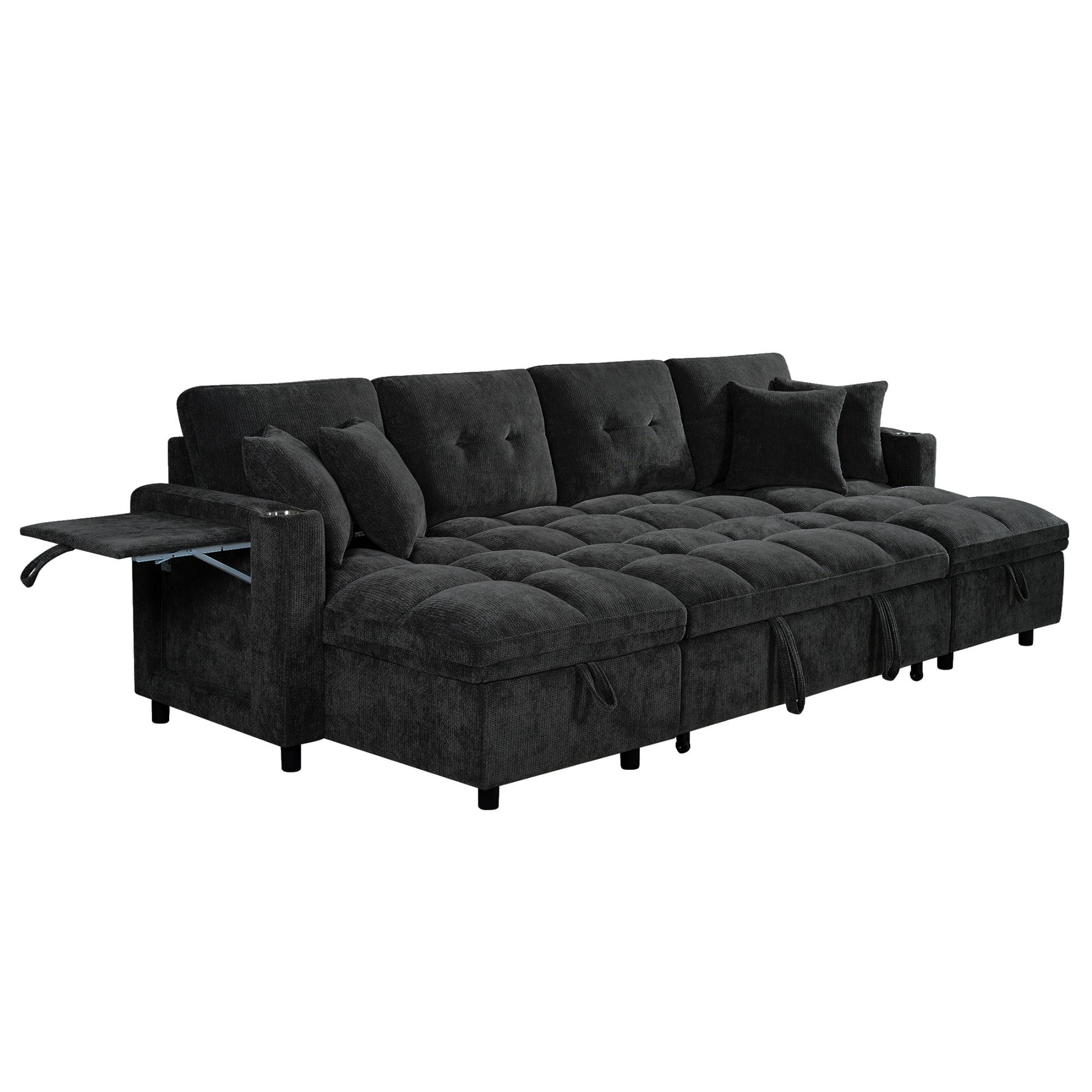 DEALTOPS 108" Chenille U-Shaped Sectional Pull Out Sleeper Sofa Bed with Storage Chaise, USB & Tray Table, Black
