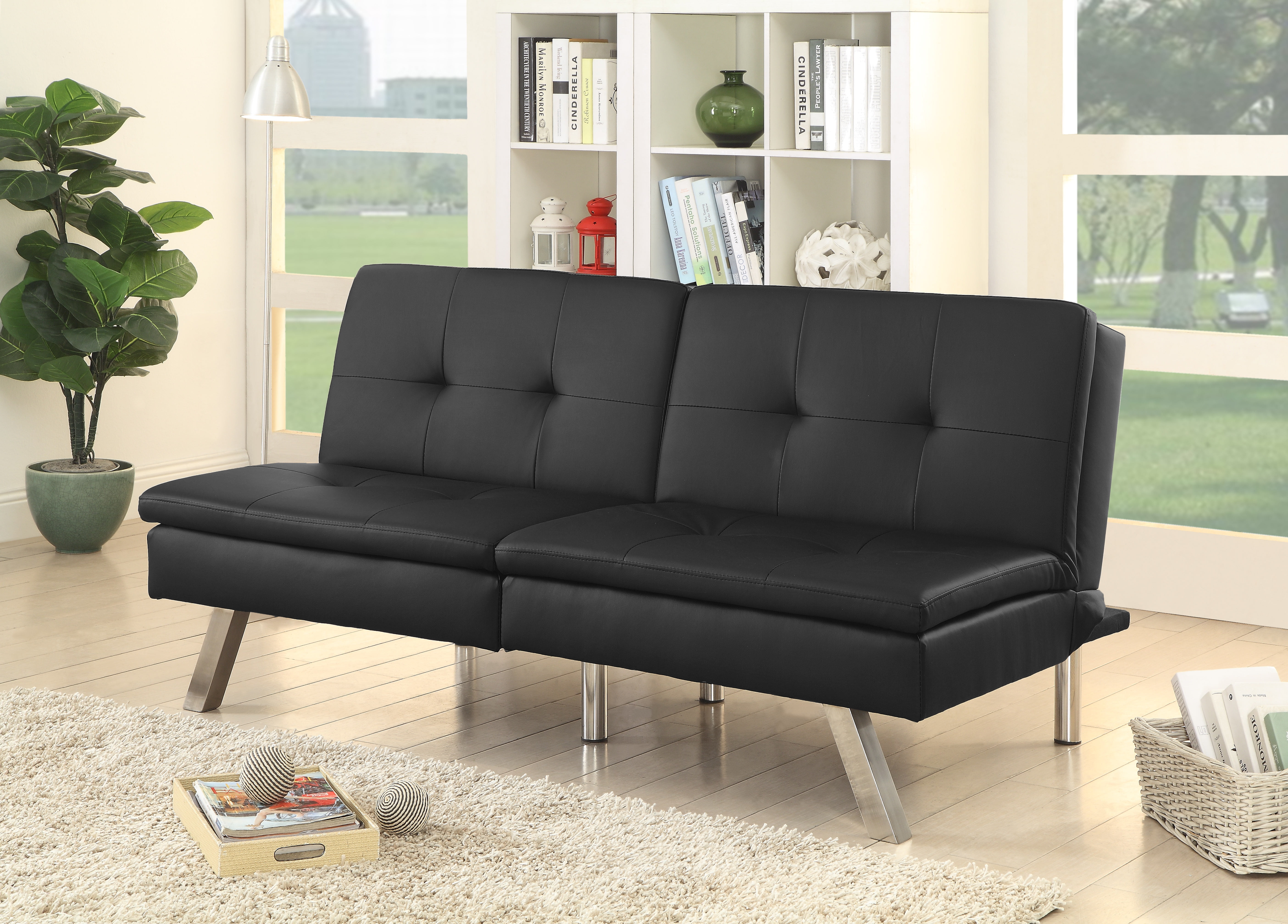 Furniture of America Contemporary Faux Leather Damon Futon Sofa, Black