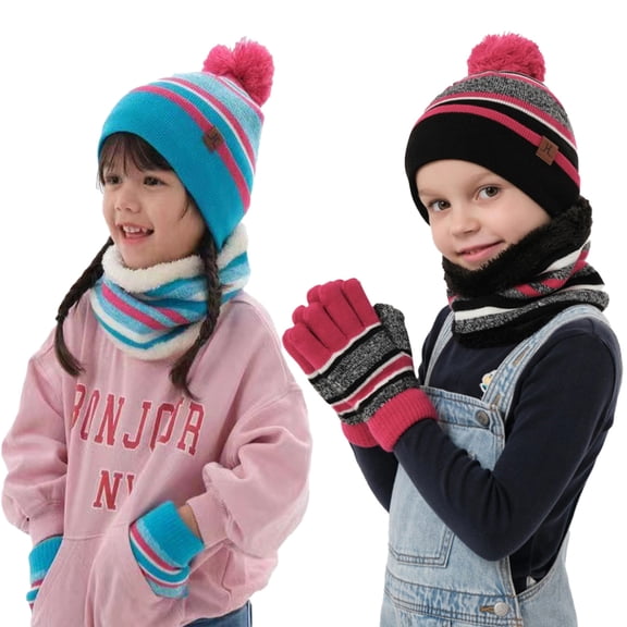 KYAIGUO 3PCS Kids Toddler Winter Hats Gloves Scarf Set for Girls Boys Warm Fleece Lining Thickened Scarf Gloves Hats Set 4-7T