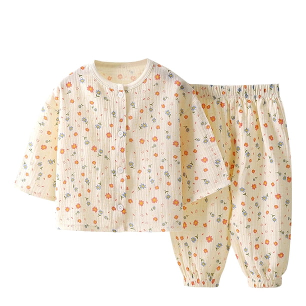 Odeerbi 1-8 Años Niños Niñas Pijamas de Verano de Algodón de Manga Larga Pantalones Suaves Estampados Florales Pijama de Doble Capa de Gasa