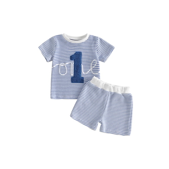 BemeyourBBs Baby Boys First Birthday Outfits One Years Old Birthday Clothes Waffle Knit Number Embroidery Striped Short Sleeve TShirt Tops and Shorts Set