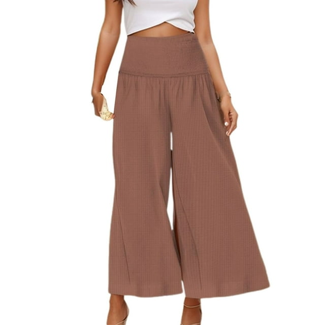 Pantalones capri de lino de cintura alta y pierna ancha para mujer en tallas grandes - Tejido transpirable, corte holgado, de petite a grande - Tallas S-XXL para primavera/otoño